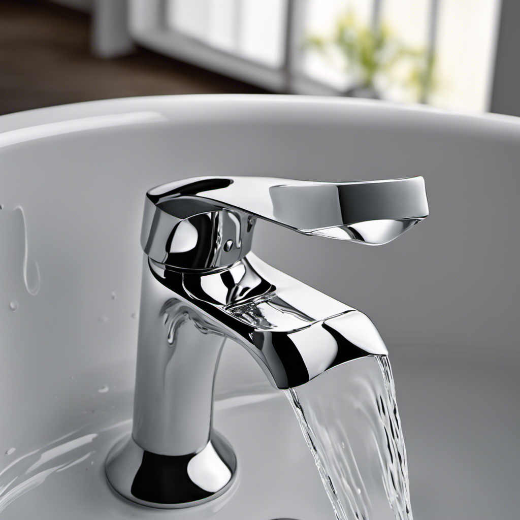 An image showcasing a close-up view of a dripping bathtub faucet, capturing the intricate details of the leaking mechanism as droplets of water fall into the basin, hinting at the urgency to fix the issue