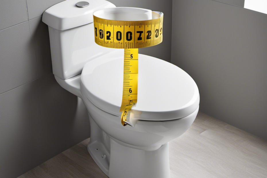 An image showcasing a measuring tape placed across the width of a toilet bowl, clearly displaying the measurements
