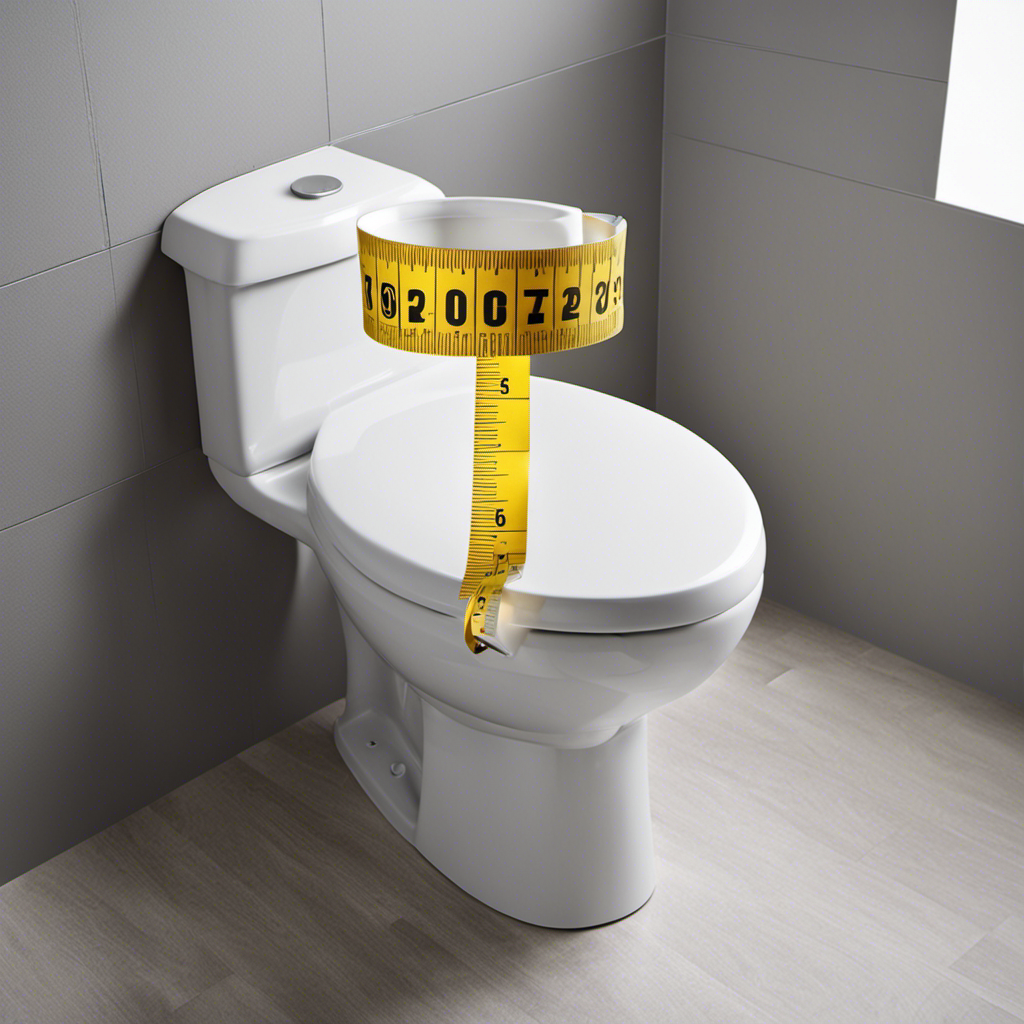 An image showcasing a measuring tape placed across the width of a toilet bowl, clearly displaying the measurements