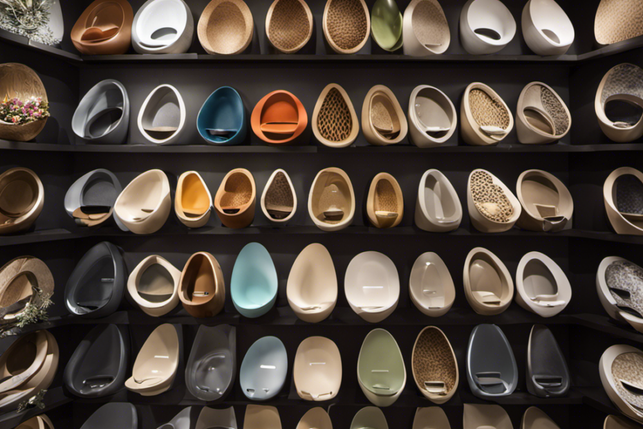 An image that showcases a wide variety of toilet seats in different shapes, sizes, and materials, arranged neatly on a display shelf