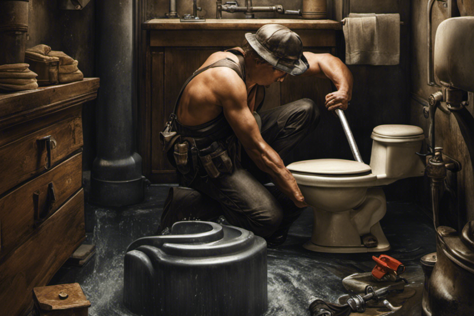 An image depicting a person holding a wrench, kneeling beside a toilet with water overflowing onto the floor
