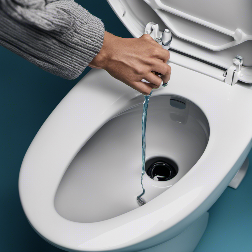 An image showcasing a pair of hands adjusting the float arm inside a toilet tank, with water flowing smoothly and a peaceful expression on the person's face, demonstrating how to fix a running toilet without using any words