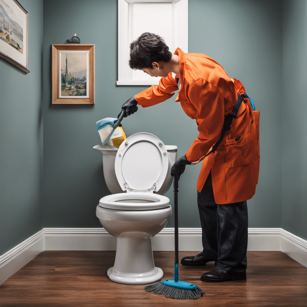 An image capturing the process of unclogging a toilet without a plunger: a person wearing rubber gloves, holding a bucket of hot water, pouring it into the toilet bowl, and demonstrating the plunging motion using a mop handle