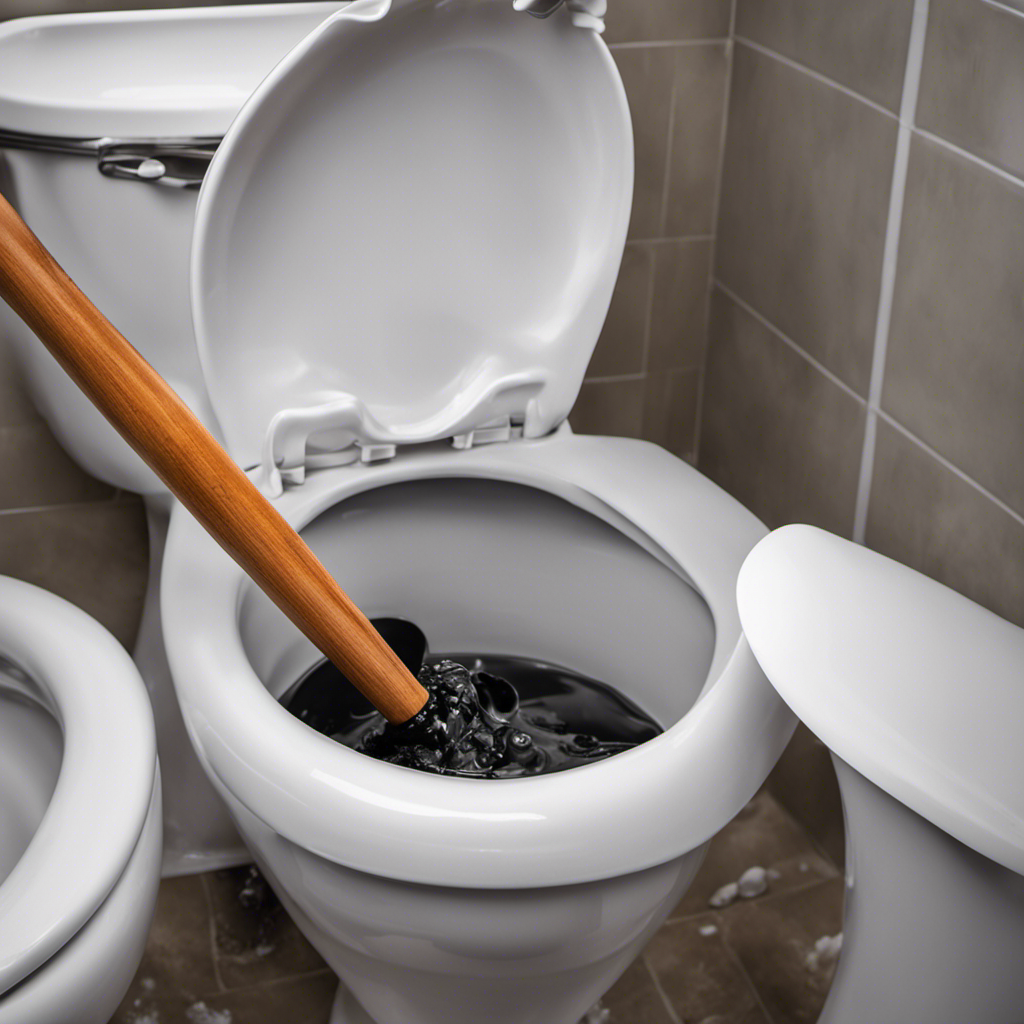 An image capturing a hand wearing rubber gloves, holding a plunger with a wooden handle, positioned in front of a clogged toilet bowl