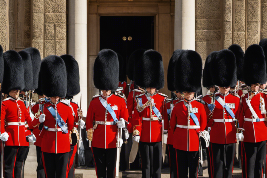 an image showcasing a discreet moment from the life of the Queen's Guards, highlighting their unique protocol for bathroom breaks