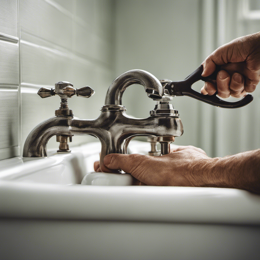 An image showcasing a close-up view of a pair of hands gripping a wrench, skillfully removing the old bathtub faucet
