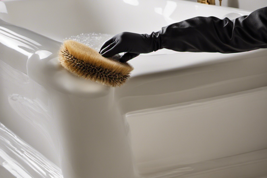 An image that captures the transformation of a heavily stained bathtub being meticulously cleaned; showcase the use of scrub brushes, powerful cleaning solutions, and the removal of deep-seated grime, while highlighting the sparkling result