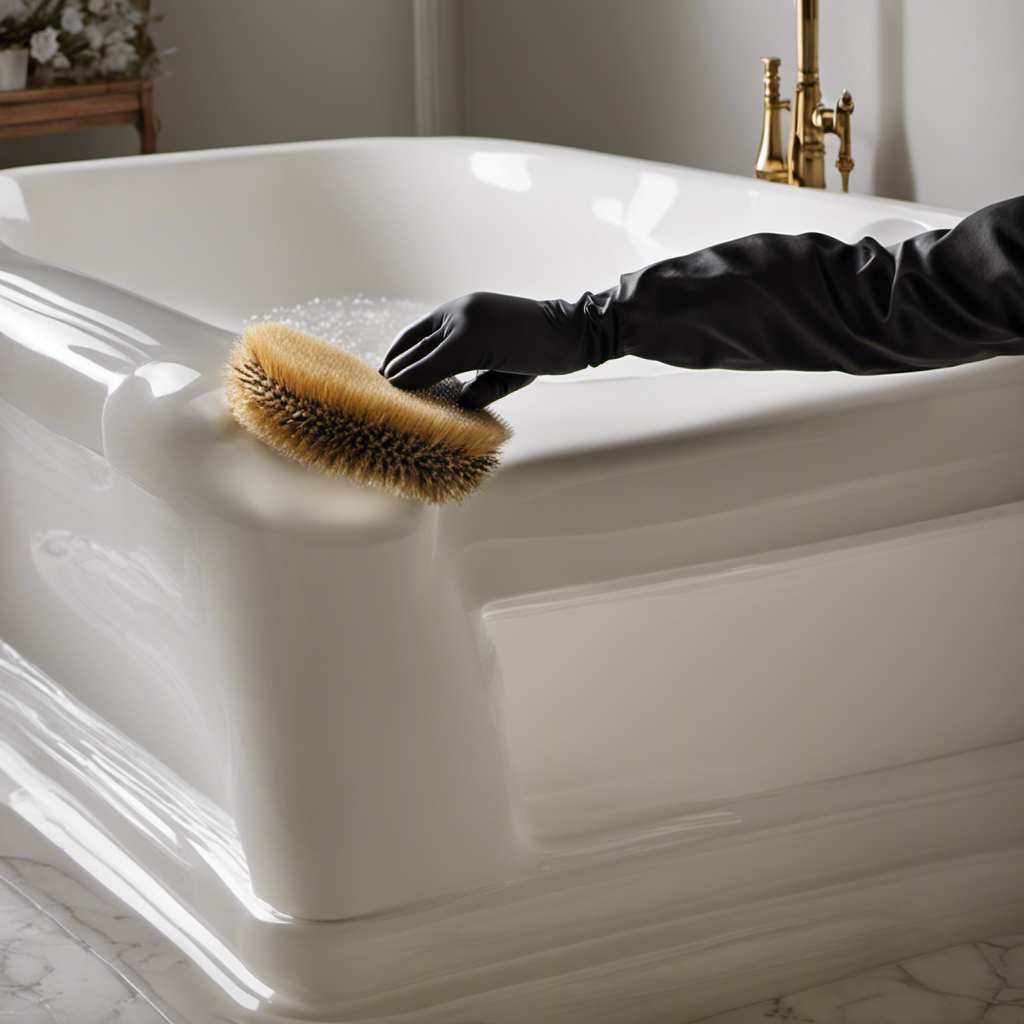 An image that captures the transformation of a heavily stained bathtub being meticulously cleaned; showcase the use of scrub brushes, powerful cleaning solutions, and the removal of deep-seated grime, while highlighting the sparkling result