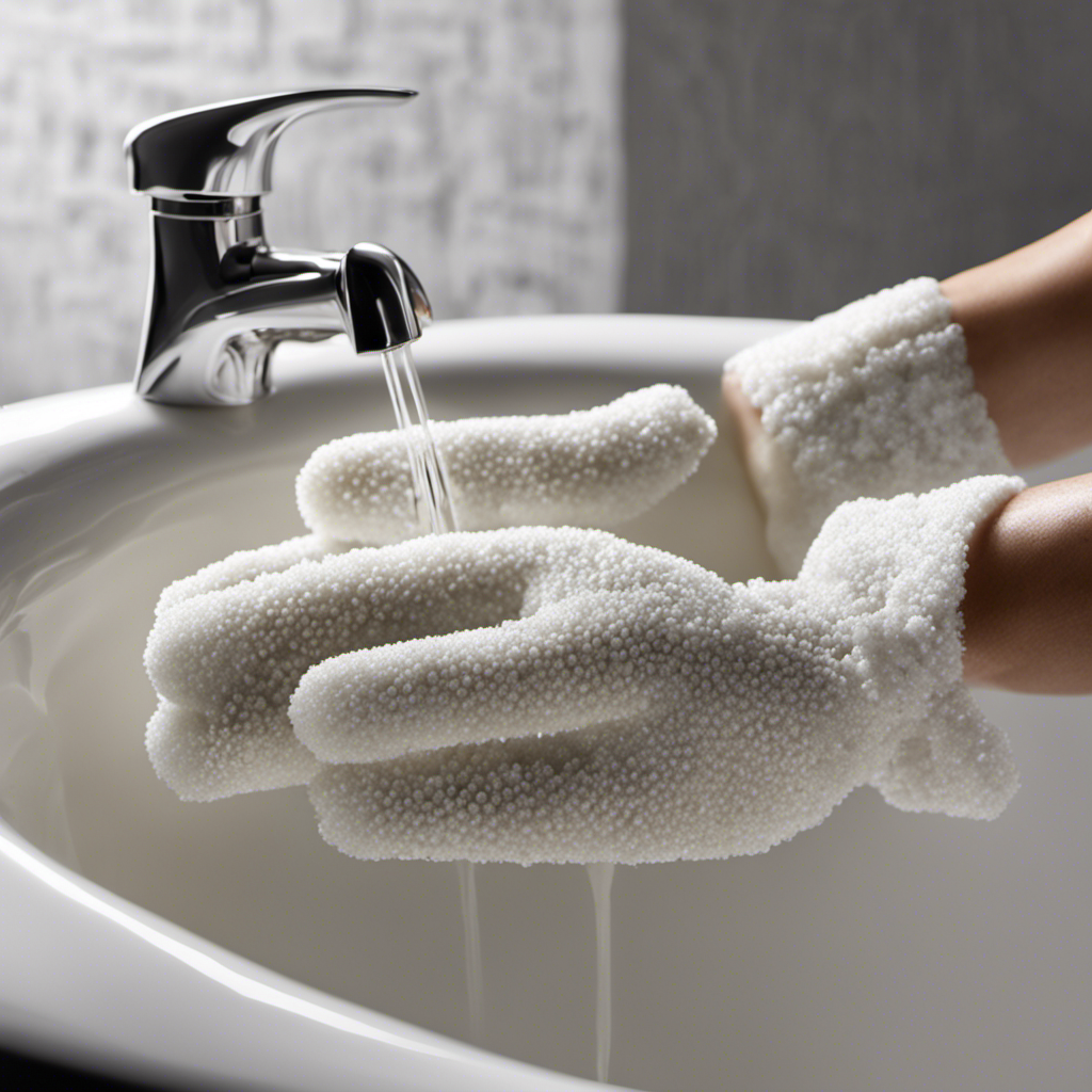 An image that showcases a pair of gloved hands gently scrubbing the textured surface of a bathtub, with foamy bubbles and a specialized cleaning brush, capturing the intricate patterns and ridges