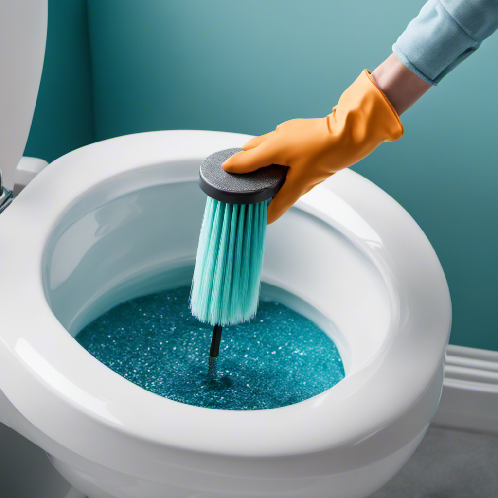 An image that showcases a gloved hand gripping a scrub brush, submerged in a sparkling clean toilet tank