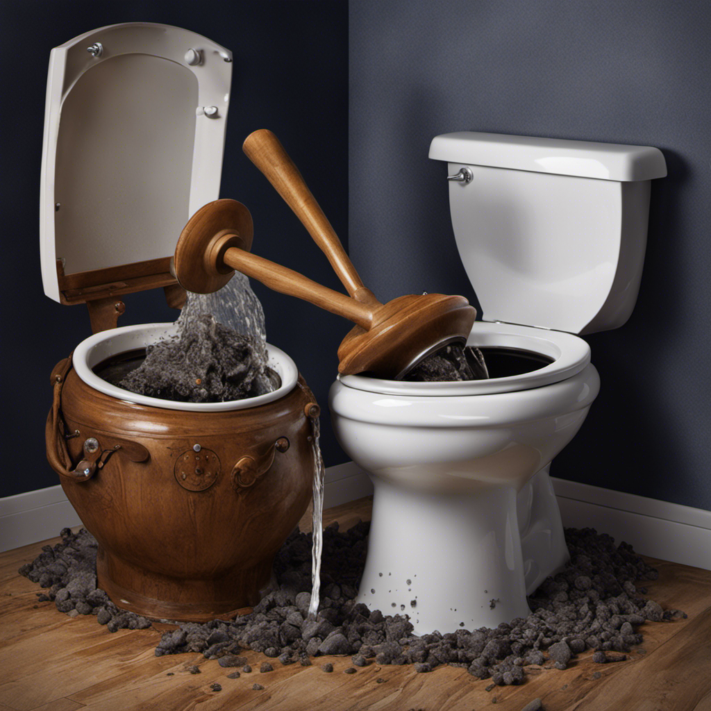 An image depicting a pair of gloved hands holding a plunger, positioned above a clogged toilet