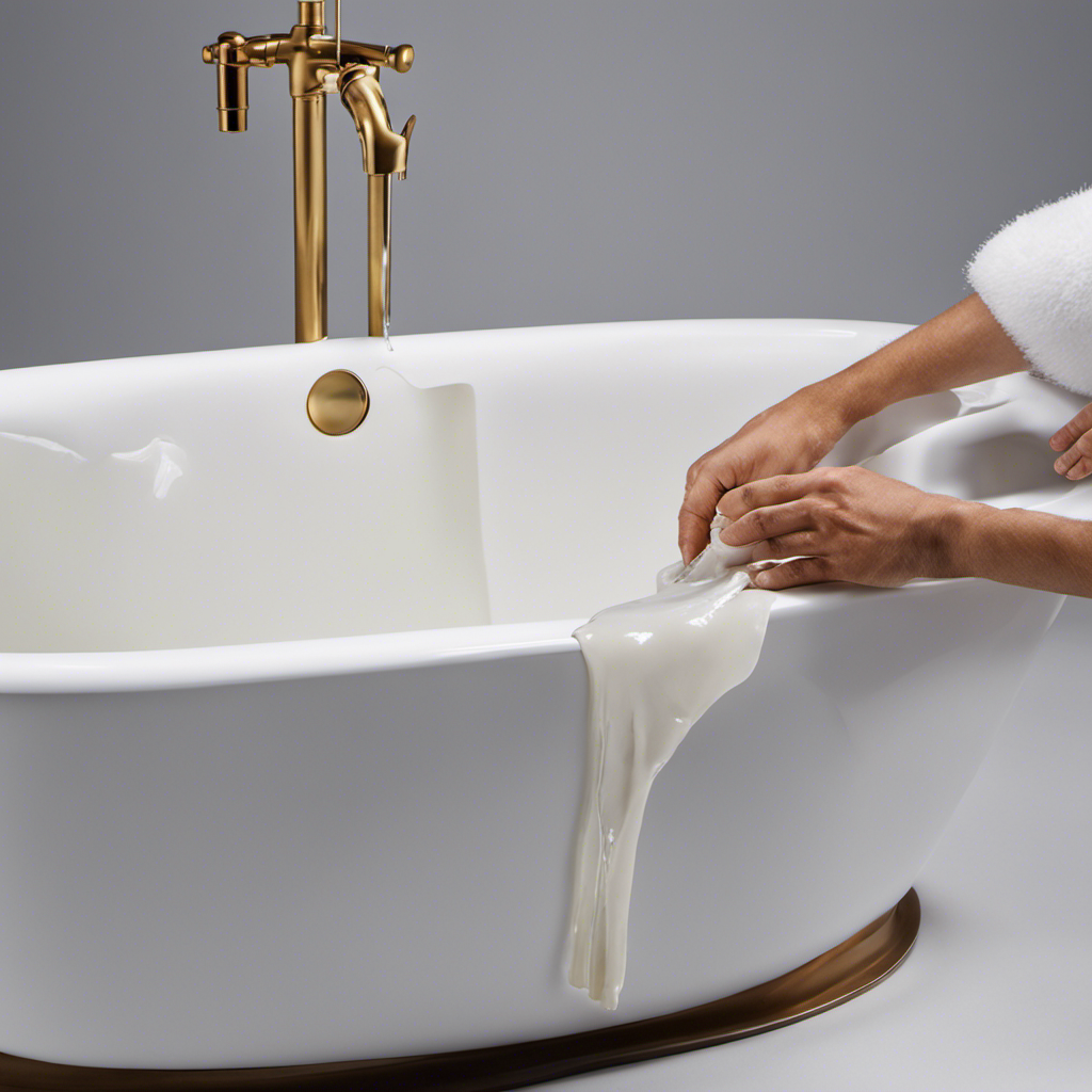 An image showcasing a pair of gloved hands gently applying epoxy resin to a hairline crack in a pristine white bathtub