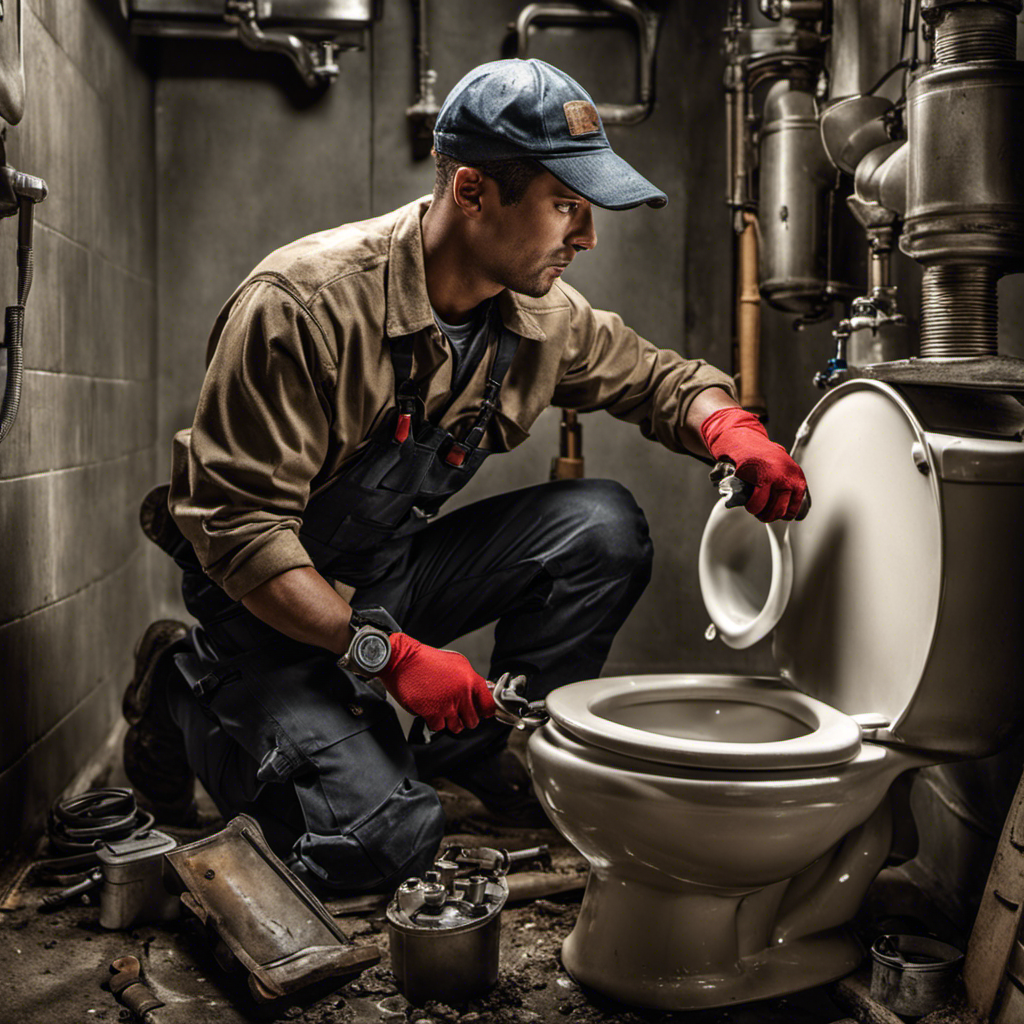 An image of a person wearing work gloves and holding a wrench, kneeling in front of a toilet