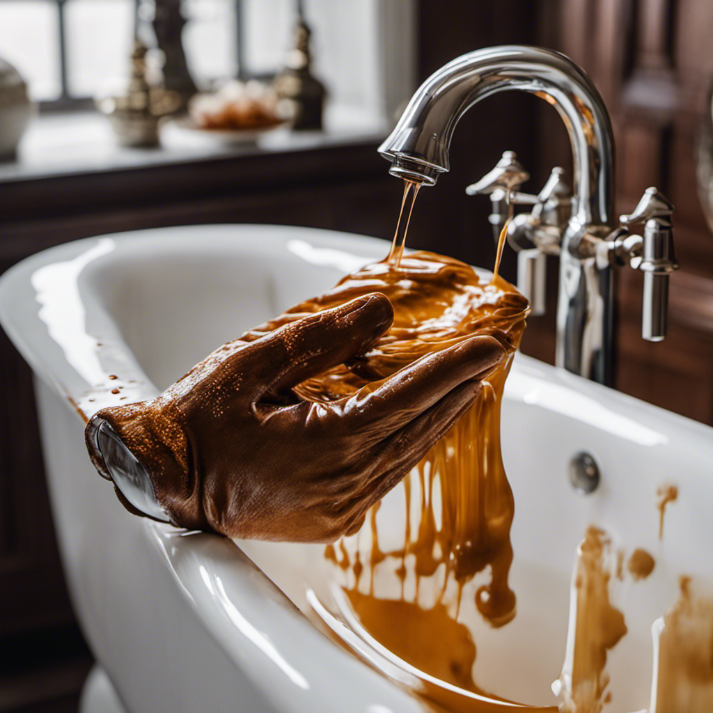 An image showcasing an up-close view of a porcelain bathtub filled with warm water, where a pair of gloved hands gently scrub away rust stains using a specialized cleaning solution, revealing a gleaming, rust-free surface