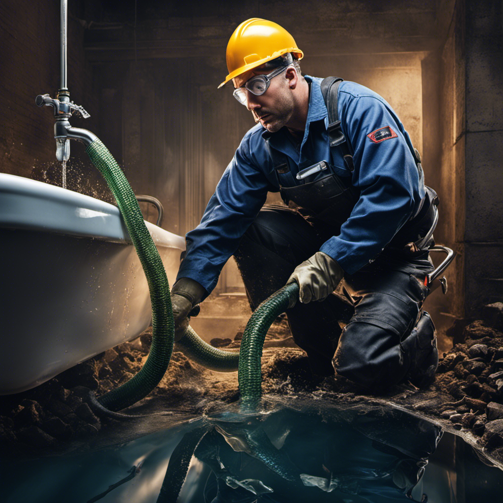 An image depicting a plumber in protective gear operating a powerful drain snake, unclogging a bathtub drain filled with murky water and sewage debris