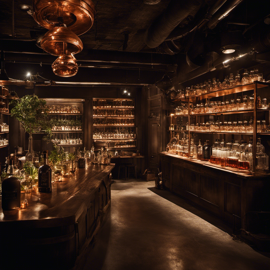 An image that captures the essence of making bathtub gin: a dimly lit, clandestine basement distillery adorned with copper stills, mason jars filled with botanicals, bubbling liquids, and a moonlit window casting an ethereal glow on the surroundings