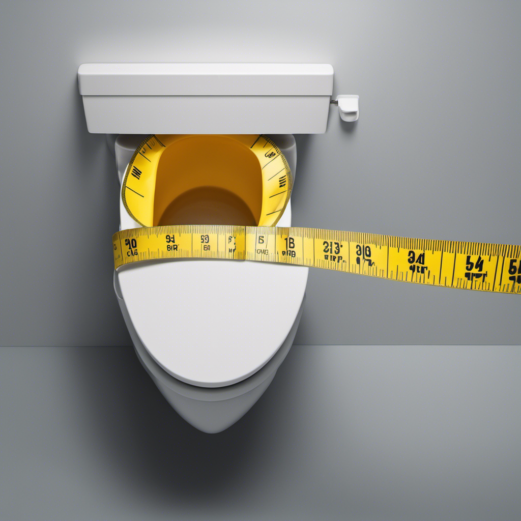 An image showcasing a measuring tape stretched across the width of a toilet bowl, capturing the precise dimensions of its length, width, and height, emphasizing the importance of accurate measurements in toilet selection