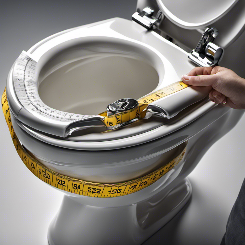 An image showcasing a person measuring a toilet seat with a tape measure, capturing their hand holding the tape, while the seat is positioned on the toilet bowl