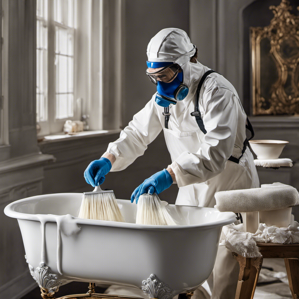 An image depicting a painter wearing protective gear, meticulously applying a smooth and even coat of glossy white paint onto a pristine, porcelain bathtub, with brushes and rollers neatly arranged nearby