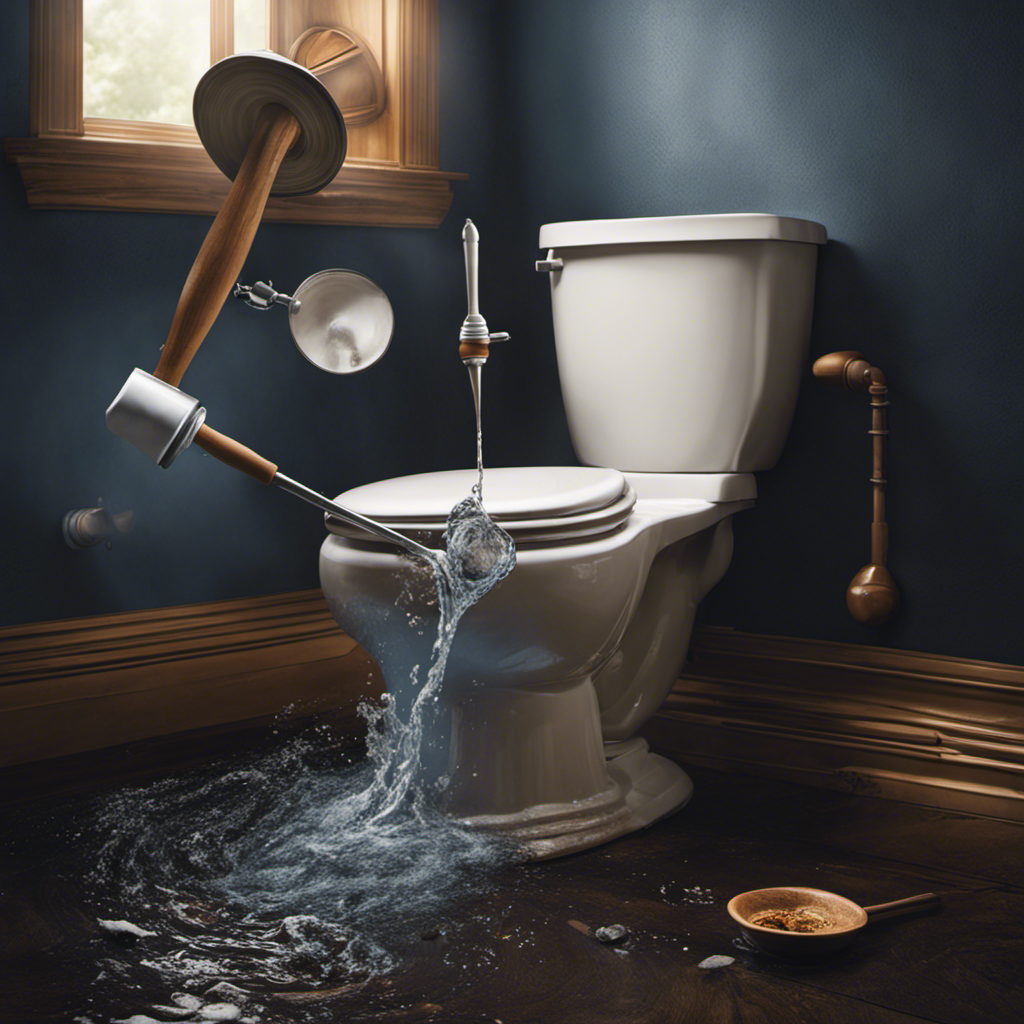 An image capturing the process of unclogging a toilet: a person wearing rubber gloves, holding a plunger, exerting downward pressure on the plunger's handle, as water ripples and debris floats in the bowl