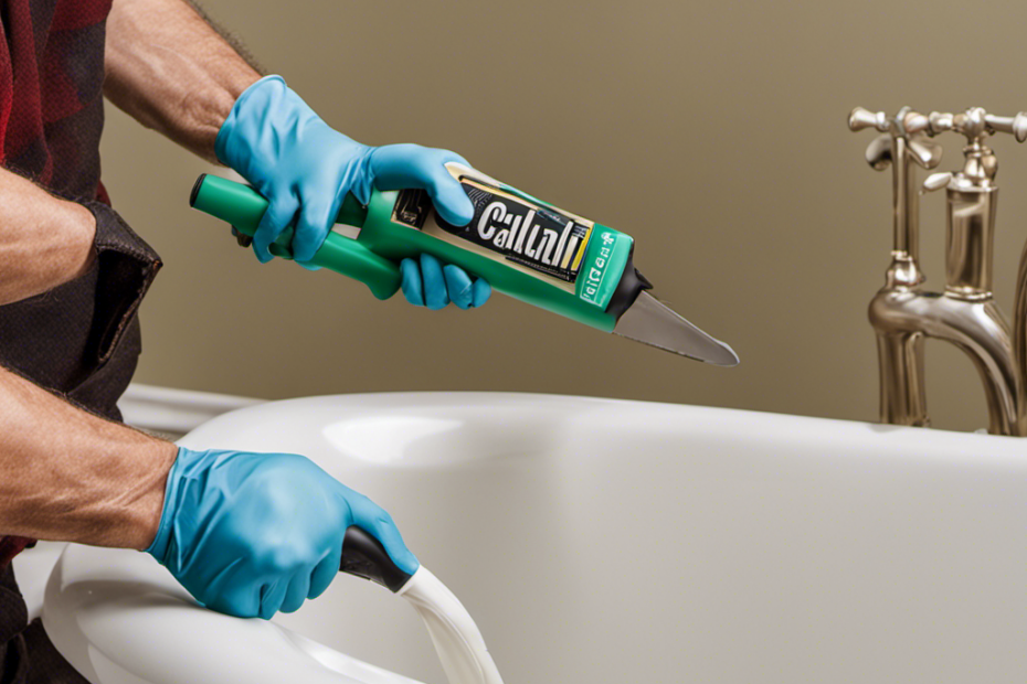 An image capturing the process of recaulking a bathtub: hands wearing rubber gloves meticulously removing old caulk, smoothing fresh caulk with a caulk gun, and finally, a beautifully sealed bathtub ready for use