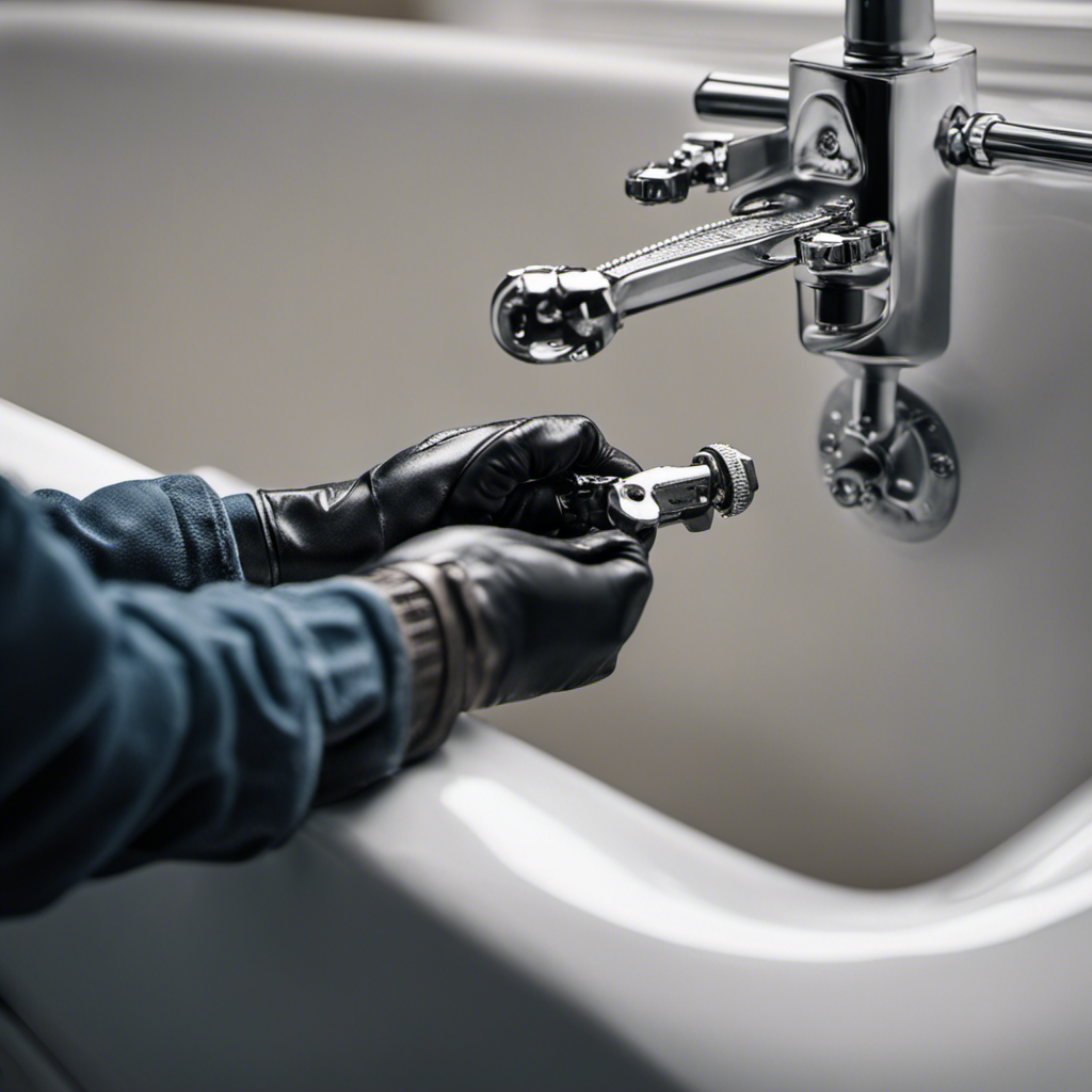 An image showcasing a pair of gloved hands grasping a sturdy pipe wrench, positioned beneath a bathtub drain