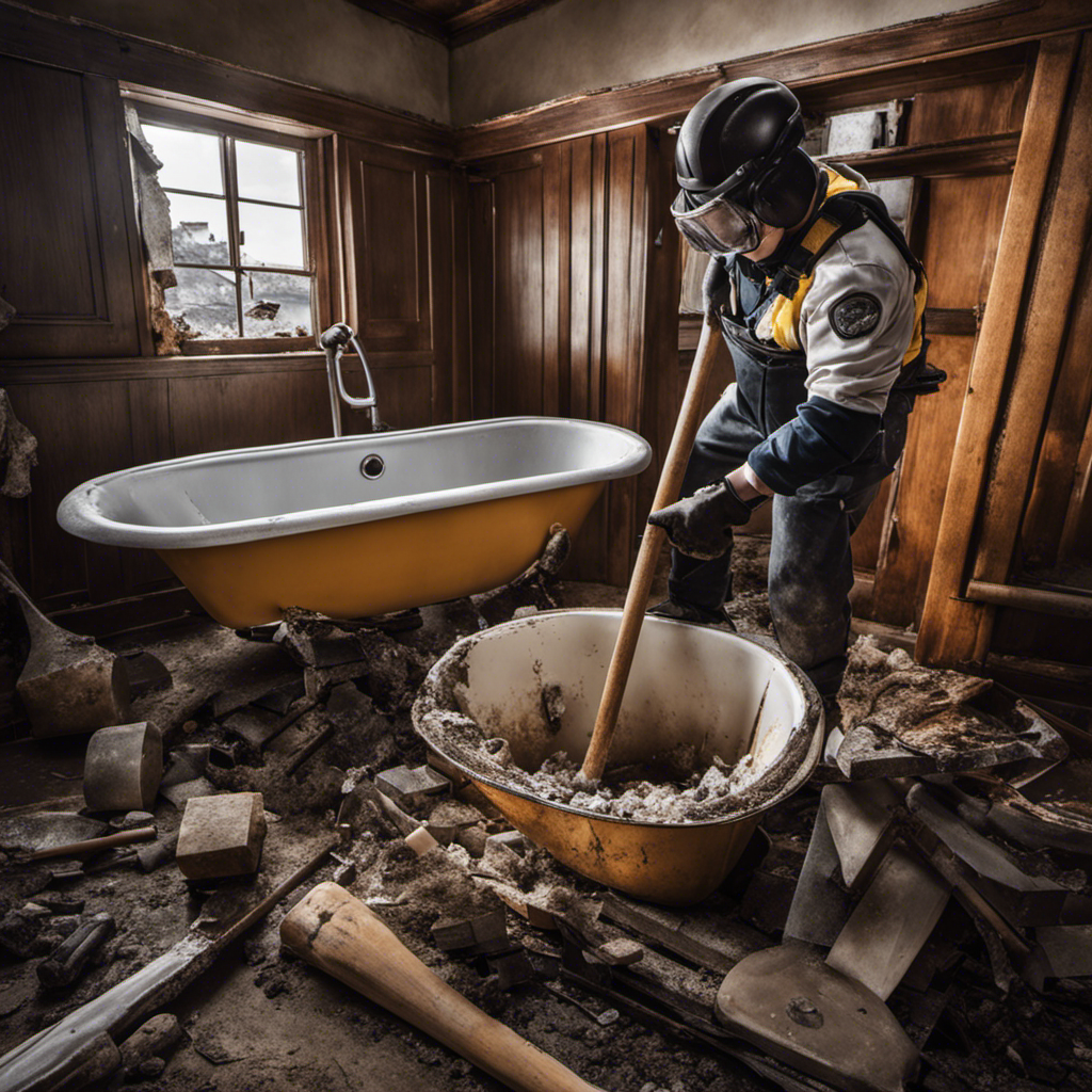 An image showcasing a step-by-step guide on removing a bathtub: a person wearing safety goggles and gloves, wielding a sledgehammer, smashing the old bathtub to reveal exposed pipes and debris