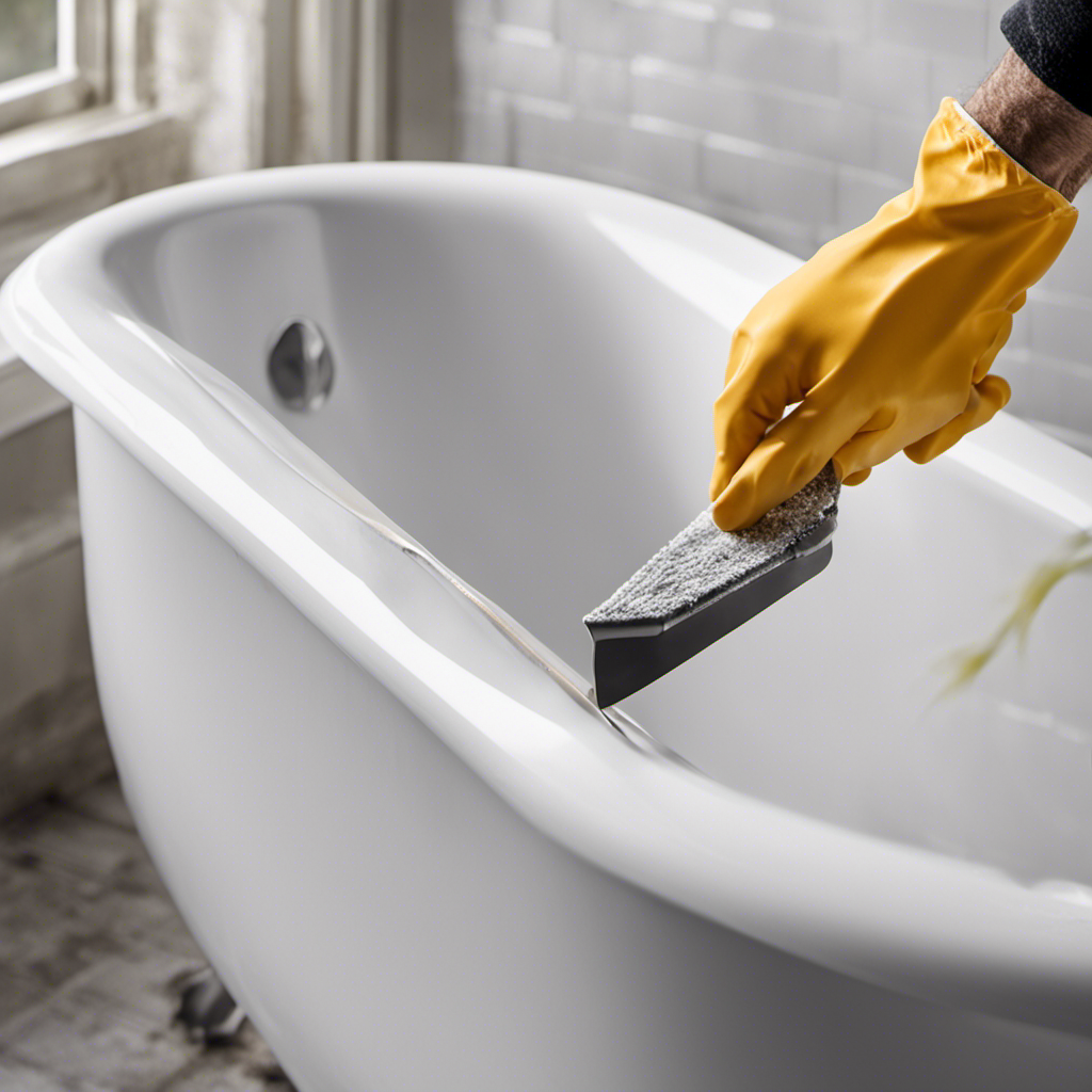 An image showcasing a gloved hand gripping a razor scraper, skillfully removing old, cracked caulk from a bathtub