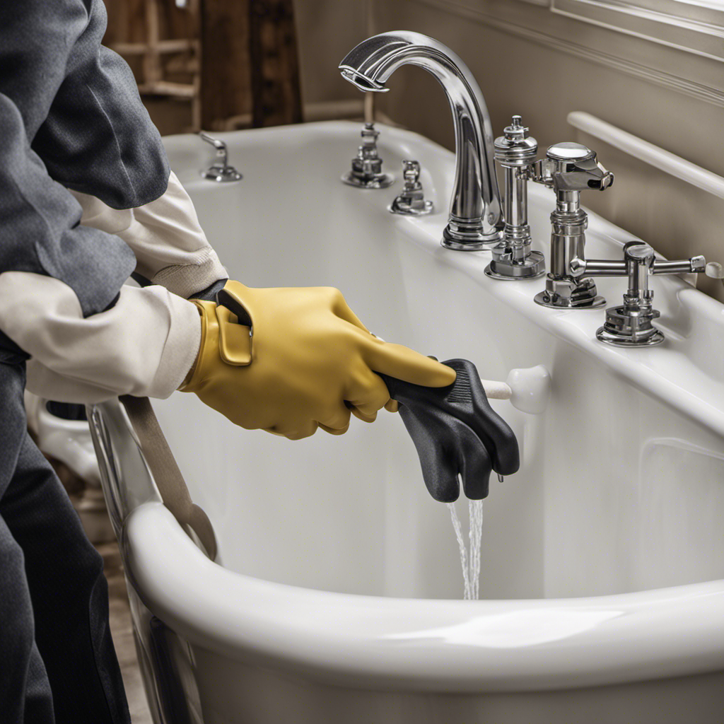 An image focusing on a pair of gloved hands gripping a sturdy wrench, skillfully detaching the drain plug from a bathtub