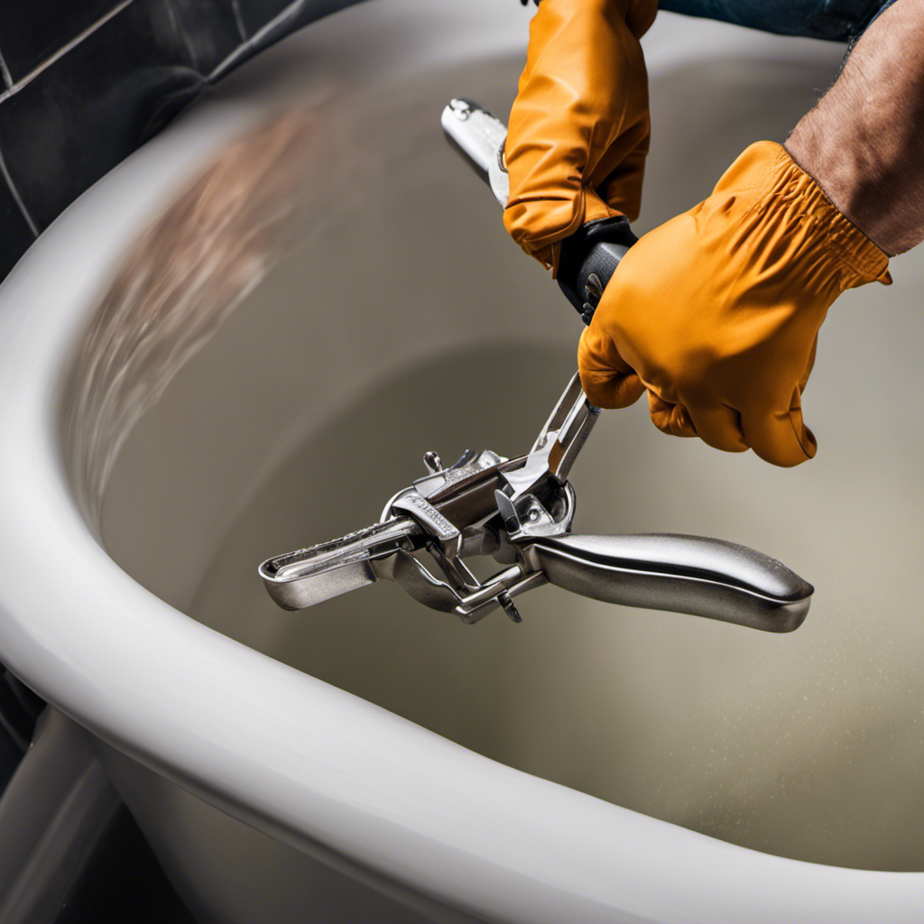 An image of a person wearing gloves, using pliers to remove the old bathtub drain