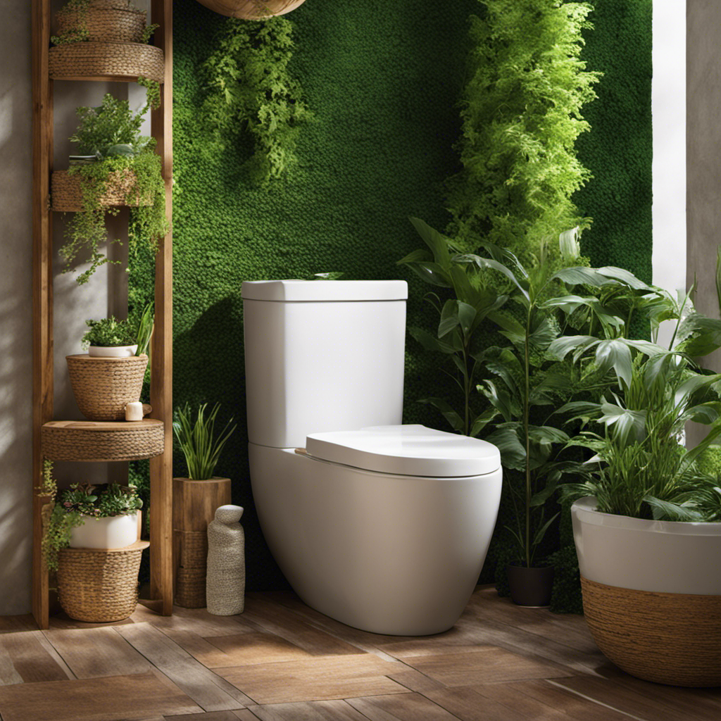 An image depicting a rustic bathroom scene: a ceramic toilet with a wooden seat, adorned with colorful tiles, surrounded by lush green plants