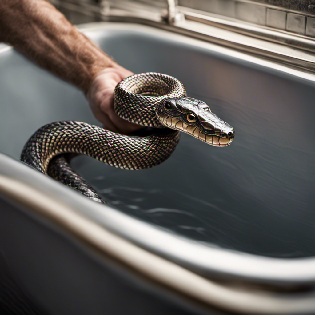 An image showcasing a close-up of a plumber's hand gripping a coiled metal drain snake, skillfully maneuvering it into a bathtub drain