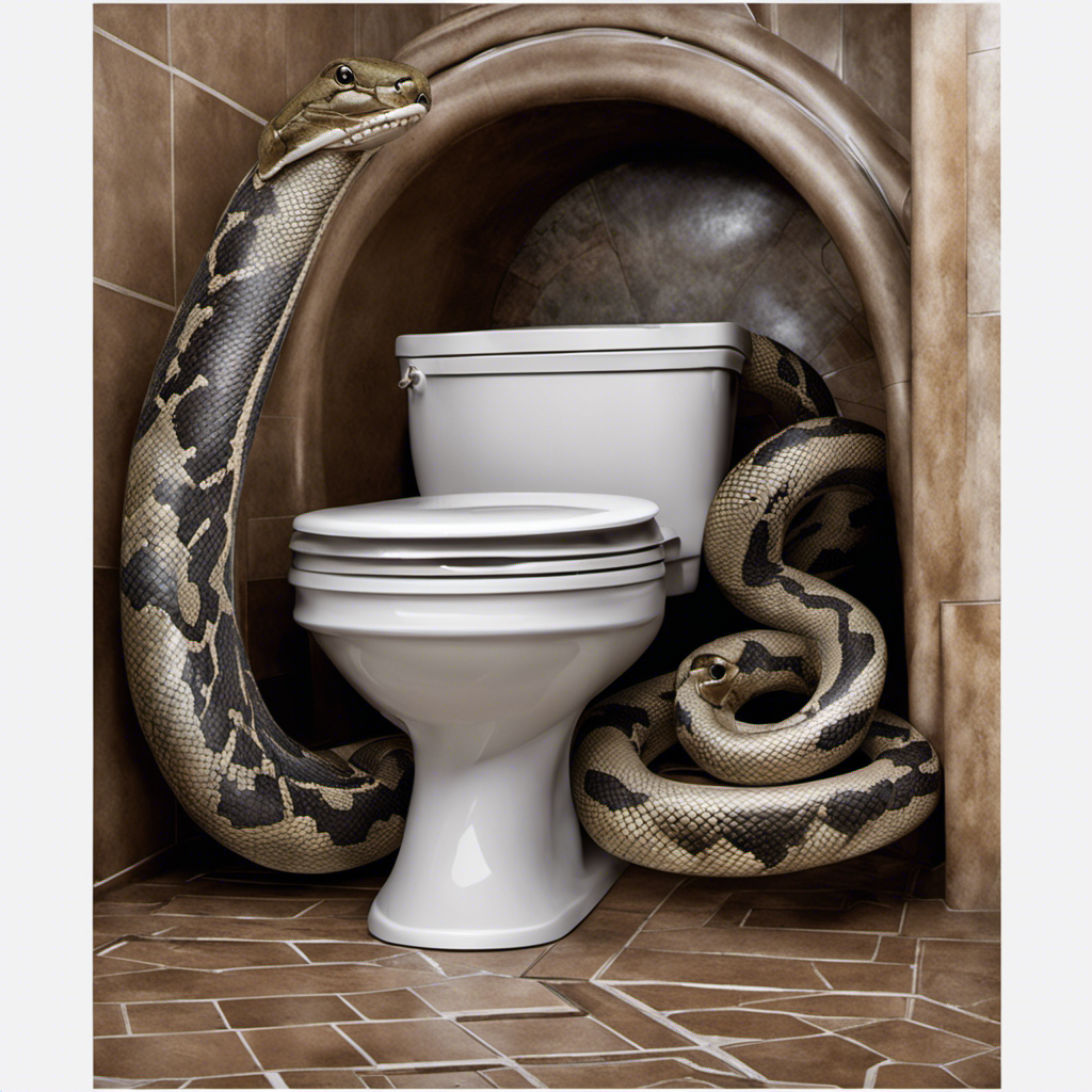 An image showcasing a plumber's gloved hand gripping a coiled metal plumbing snake, inserted into a porcelain toilet bowl