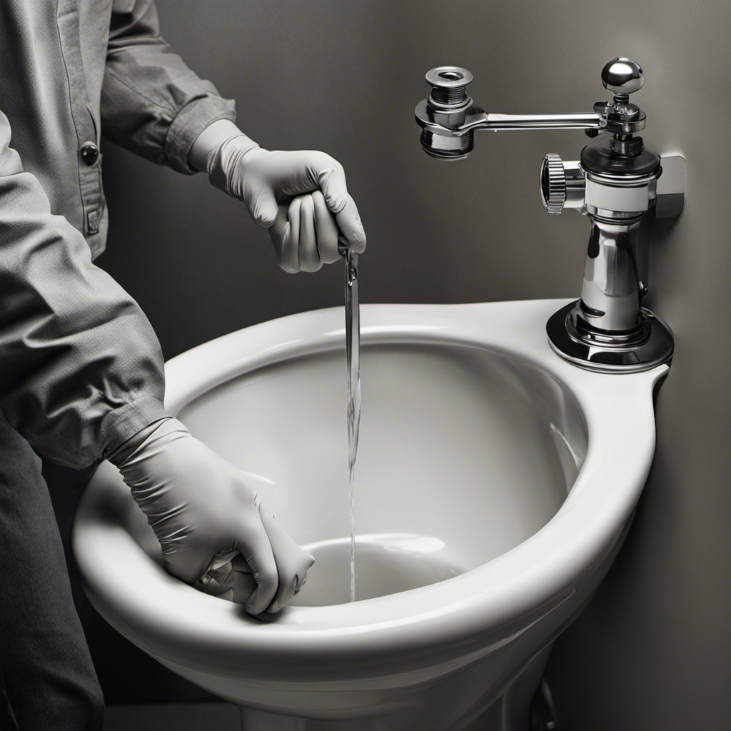An image capturing a pair of hands wearing rubber gloves, holding a wrench, and tightening the water supply valve at the base of a toilet
