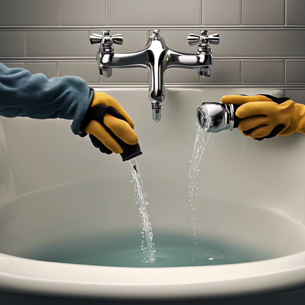 An image showcasing a pair of gloved hands wielding a plunger, as they vigorously plunge a bathtub drain
