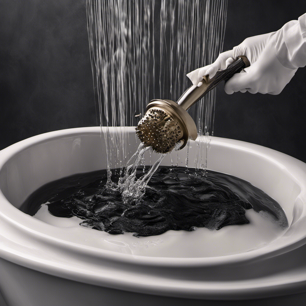 An image showcasing a pair of gloved hands holding a plunger, with water flowing from a clogged bathtub drain