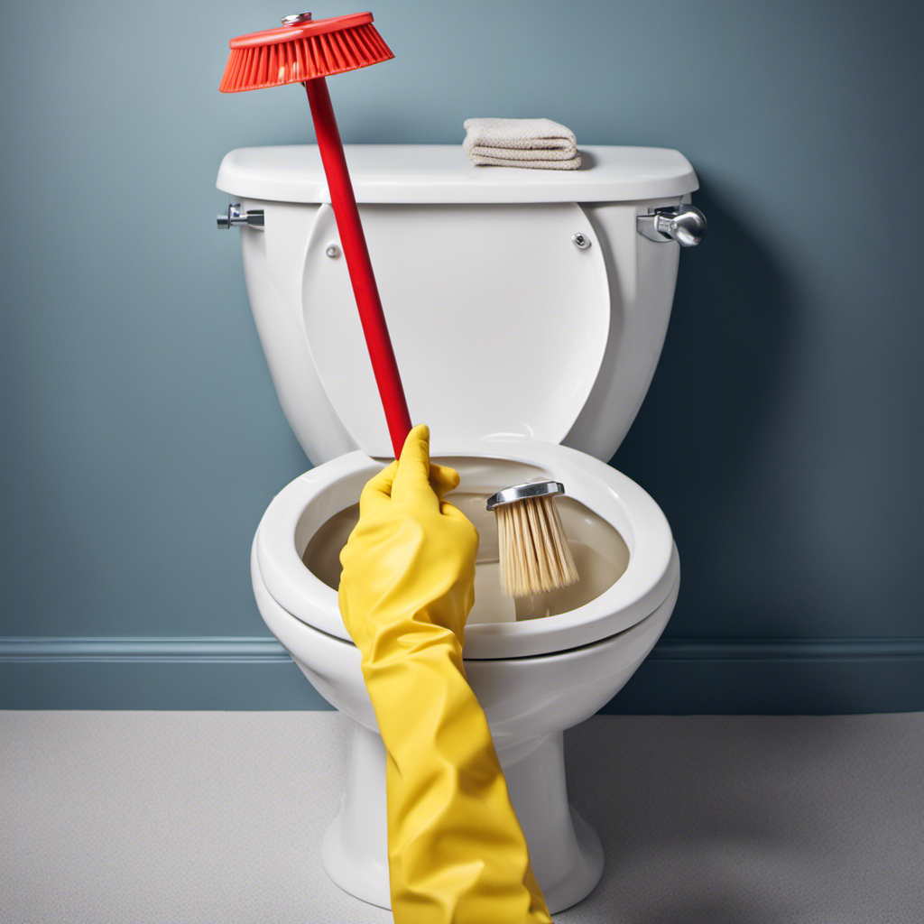 An image showcasing a person wearing rubber gloves, holding a plunger, as they vigorously plunge a clogged toilet