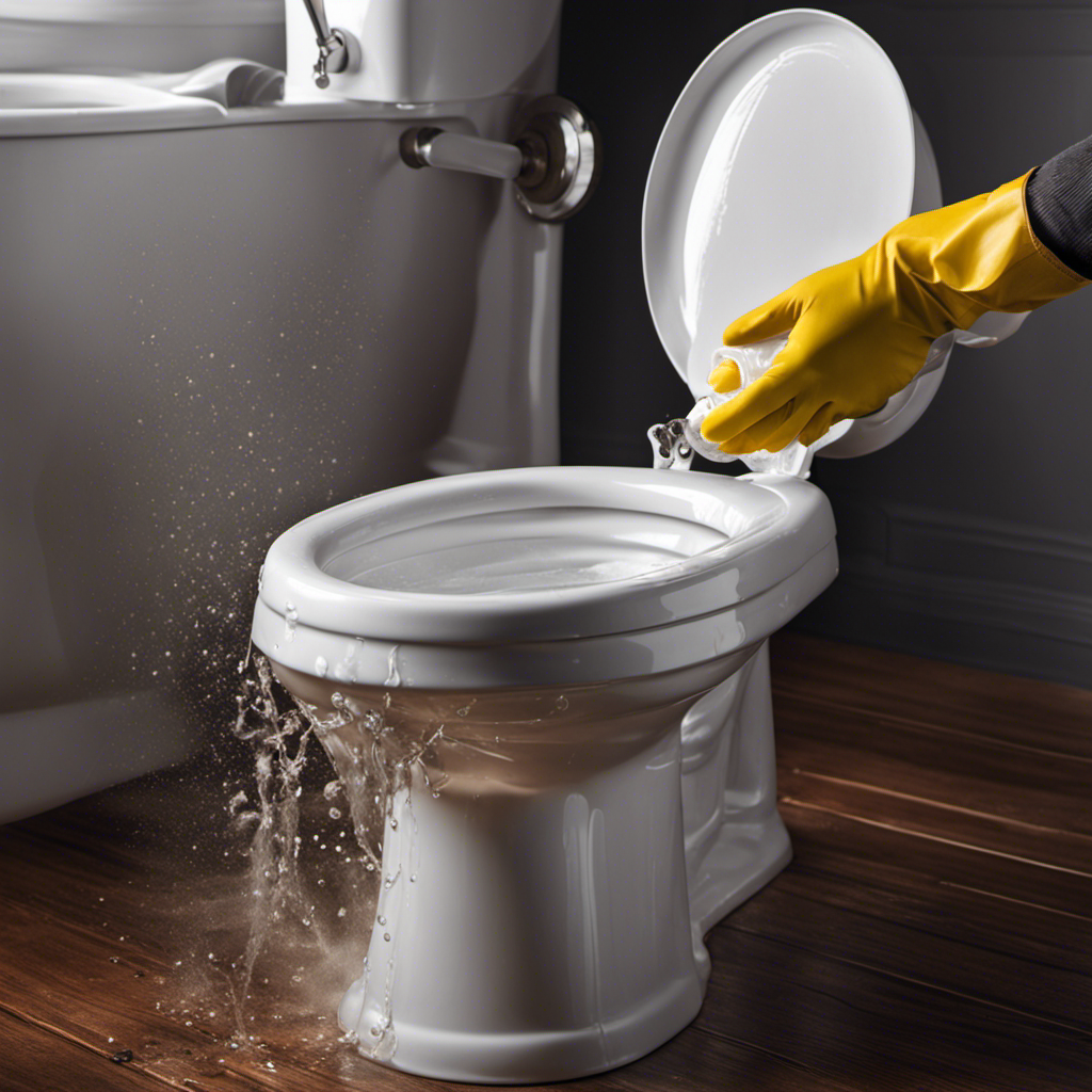An image capturing a person wearing rubber gloves, holding a bucket of hot water, while pouring it into a toilet bowl