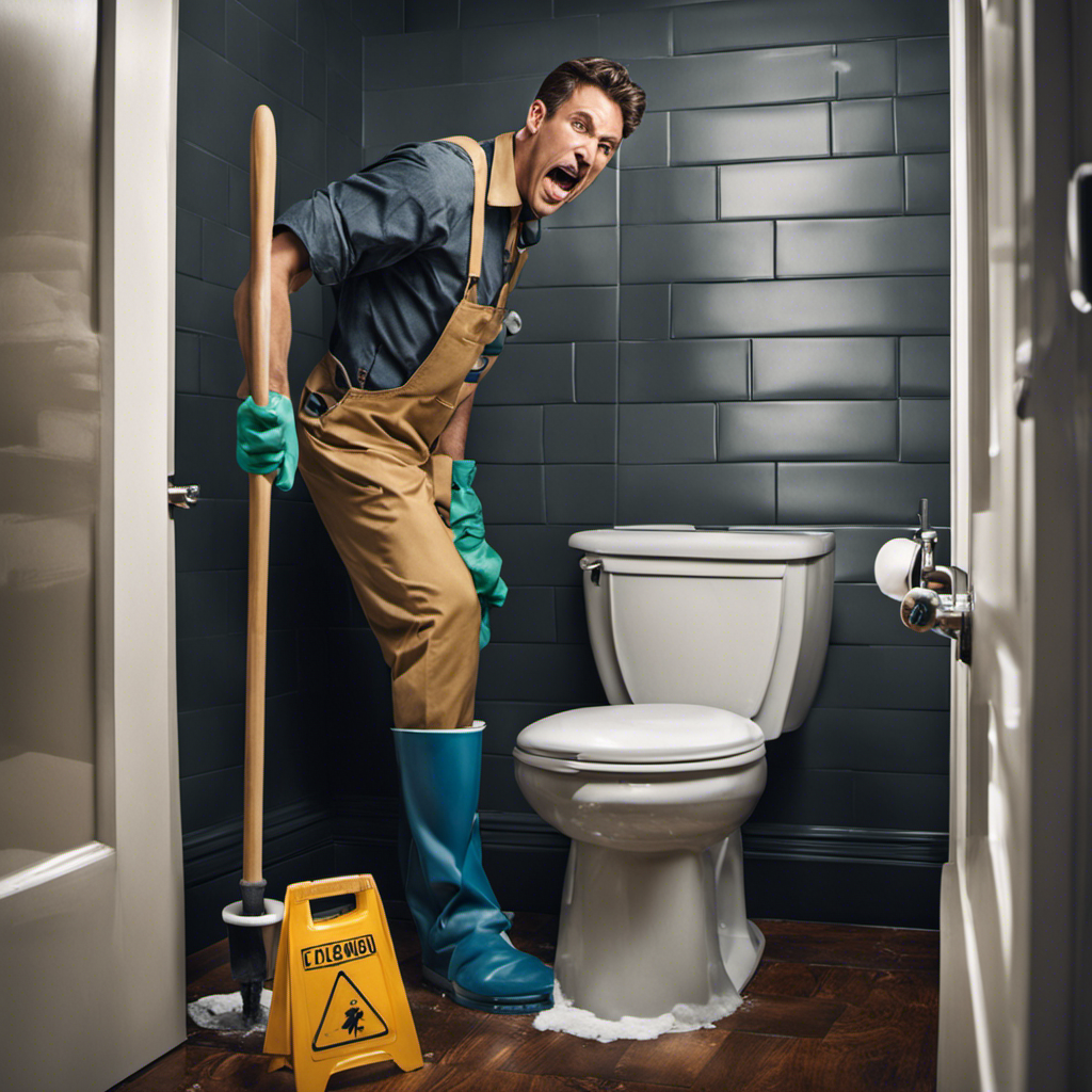 An image depicting a person wearing rubber gloves, holding a plunger as they bend down to unclog a toilet