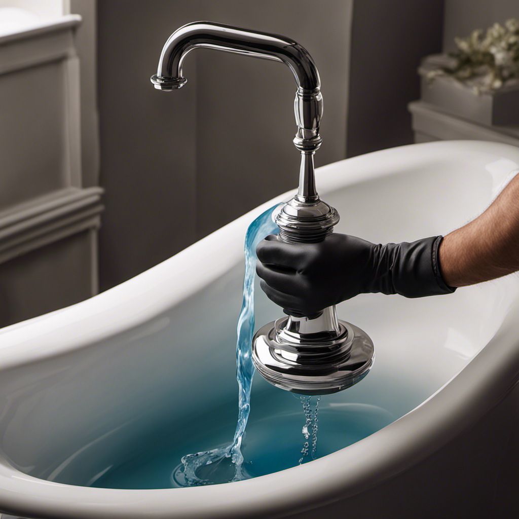 An image of a gloved hand holding a plunger, positioned over a bathtub drain