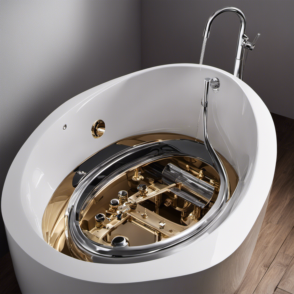 An image showcasing a bathtub's inner workings, capturing the intricate mechanism of a trip lever