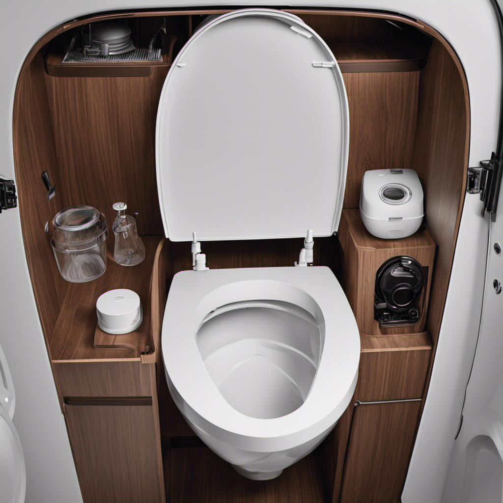 An image showcasing a cross-section of a camper toilet, revealing its intricate inner workings