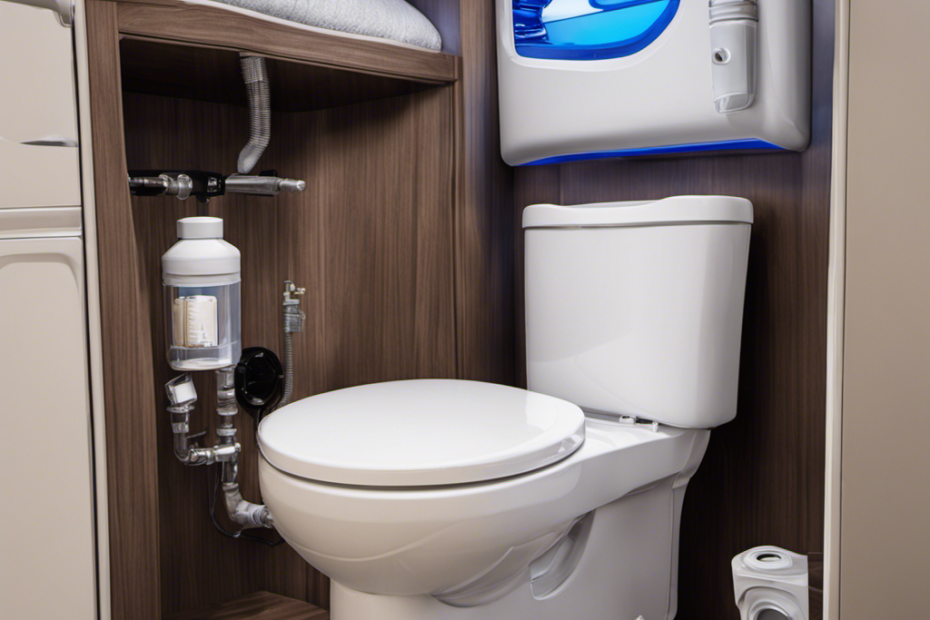 An image depicting the inner workings of an RV toilet system, showcasing the water tank, flushing mechanism, waste disposal unit, and piping, highlighting the seamless flow of water and waste through the system