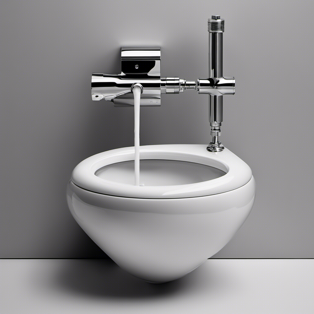 An image capturing the inner mechanisms of a toilet flush valve: a vertical pipe connected to a horizontal valve, which, when lifted, reveals a rush of water gushing into the bowl, washing away waste