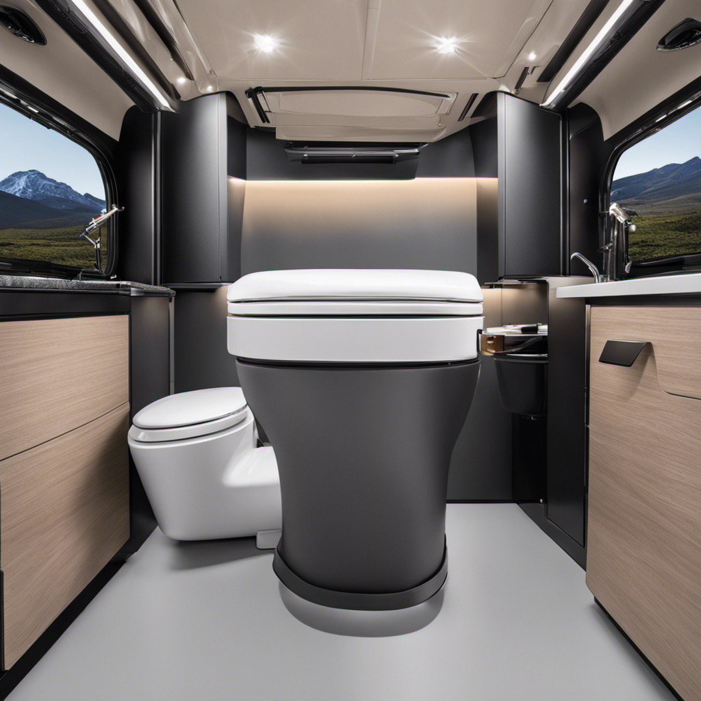 An image showcasing an RV toilet's interior mechanism
