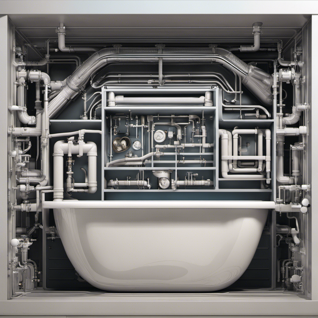 An image showcasing a cross-section of a bathtub, revealing the intricate workings of a drain system