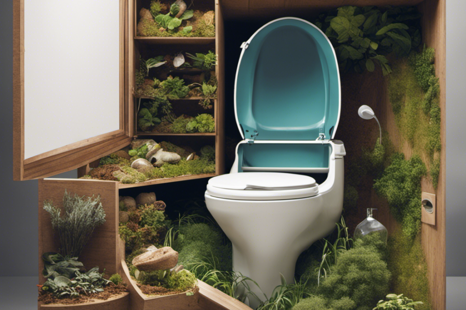 An image showing the process of a composting toilet: a user sitting on the toilet, waste dropping into a chamber, microbes breaking it down, resulting compost being collected for gardening