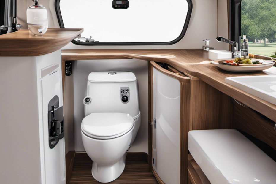 An image showcasing the intricate mechanism of an RV toilet: a transparent cutaway view revealing the water tank, flush valve, waste holding tank, and foot pedal, demonstrating the flow of water and waste disposal