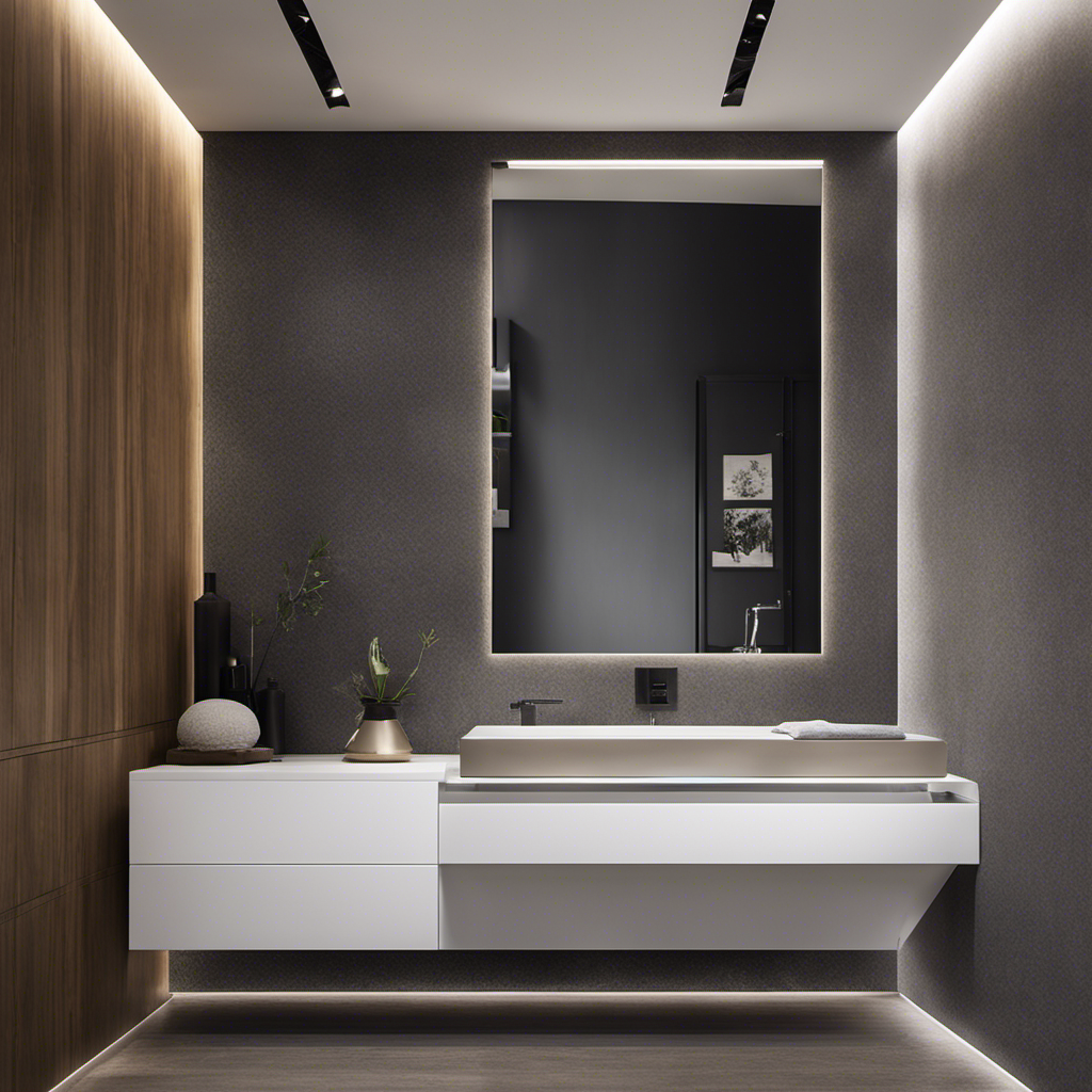An image depicting a modern bathroom with a sleek, wall-mounted toilet positioned at an ideal distance from the wall, showcasing the perfect balance between functionality and aesthetic appeal