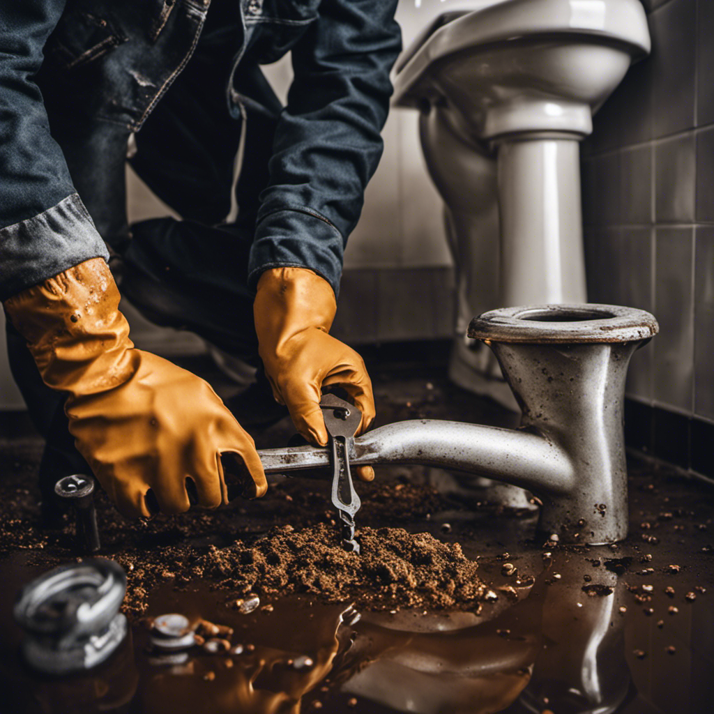 An image featuring a close-up view of a person's hands gripping a wrench, as they remove a rusted bolt from the base of a toilet